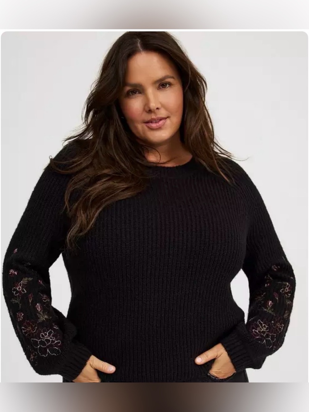 torrid Black Crewneck Sweater with Embroidered Floral Sleeves
